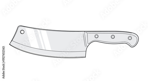 Clean line drawing of a professional kitchen meat cleaver shows a large metal blade and a sturdy black handle with rivets.