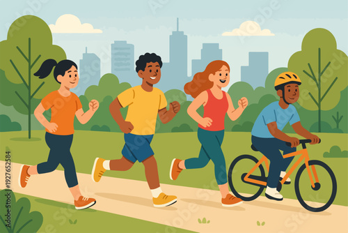 flat vector illustration of diverse people jogging and cycling in a city park