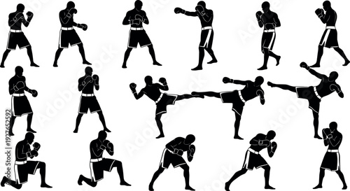 Black silhouette boxing and kickboxing vector set with fighters punching kicking crouching and practicing combat sports isolated on white background.