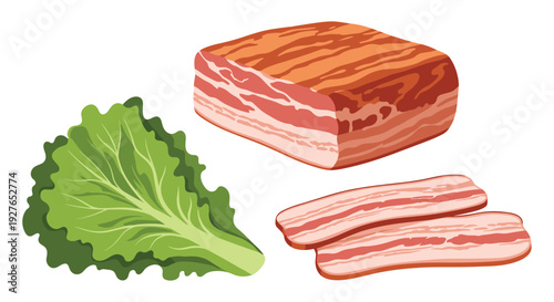 Fresh lettuce leaf is shown next to a large slab of bacon and two thin slices in a clean food-related graphic illustration.
