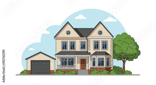 Classic two-story suburban family house with a front porch and a separate garage is illustrated in a friendly style.