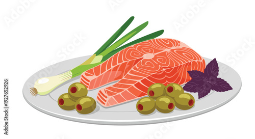 Fresh salmon steak is served on a white plate garnished with green olives, spring onions, and a purple basil leaf.