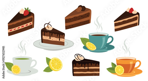 Assortment of chocolate cake slices and various cups of tea and coffee with lemon slices are arranged in a dessert set.
