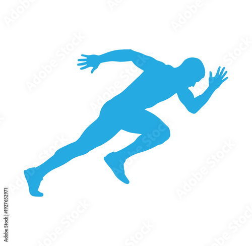 blue silhouette of a man running fast in a sprinting motion on white background