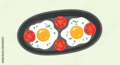 Two fried eggs are cooked in a skillet with four tomato slices and chopped green herbs for a classic breakfast meal.