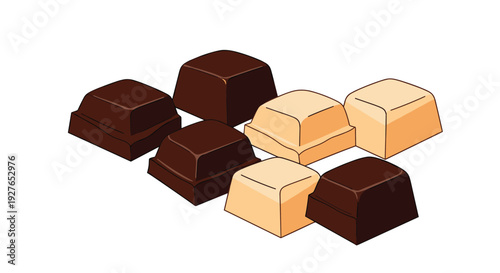 Group of six chocolate pieces including both dark and white chocolate cubes are arranged on a clean white background.