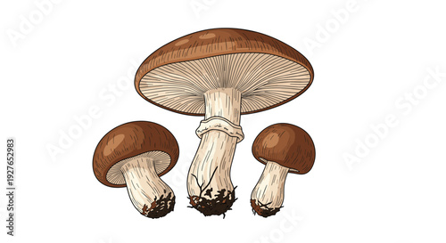 Trio of brown mushrooms with thick stems and broad caps are illustrated in a detailed hand-drawn style with earthy tones.