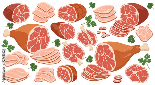 Large collection of ham and pork products includes whole hams, sliced pieces, and fresh parsley sprigs for a deli display.