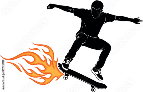 Black Silhouette of a Skateboarder Performing a Kickflip Trick with Stylized Orange Flames Trail and Motion Energy on White Background