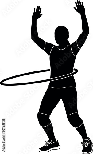 Black silhouette of a woman exercising with a hula hoop wearing athletic gear and sneakers isolated on a white background