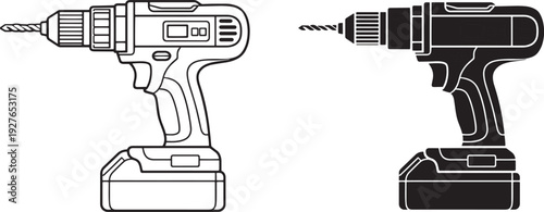 Battery Powered Hand Drill Icon in Line and Solid Style Vector