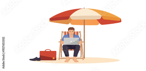 Freelance Man Working on Laptop at a Tropical Beach Under Umbrella Vector Illustration Concept