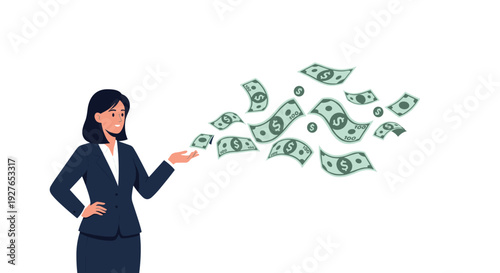 Professional woman in a business suit happily tossing many green banknotes into the air representing financial success or wealth.