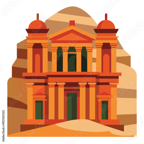 Famous ancient Treasury building of Petra Jordan carved into desert mountains and rock formations