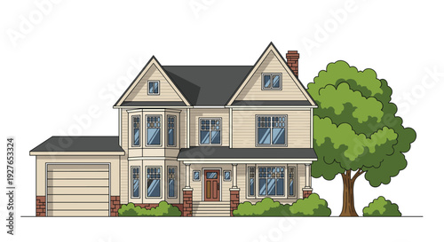 Charming two-story suburban house with a beige siding, dark roof, detached garage, and lush green trees and bushes in the yard.