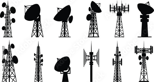 A collection of various communication towers and satellite dishes in black silhouette on transparent background high quality professional detailed modern elegant