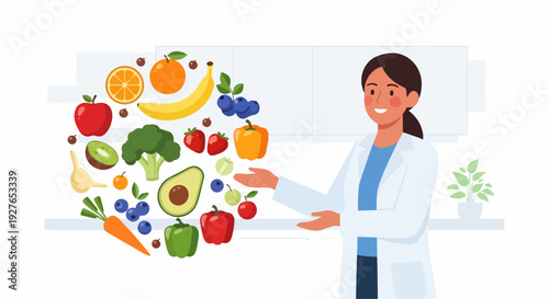 Clean flat vector illustration of a smiling nutritionist presenting healthy food choices