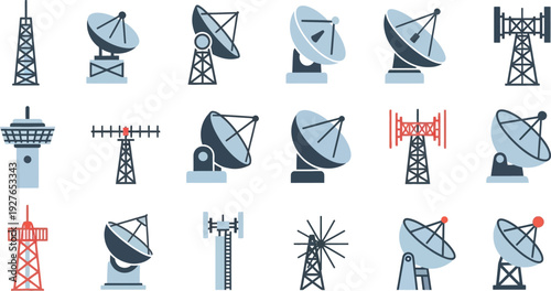 A collection of various communication and satellite dish icons in a flat style on transparent background silhouette high quality professional detailed