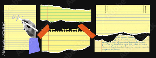 Yellow torn paper collage with halftone hand, paper clips and orange tape. Scrapbooking template design.