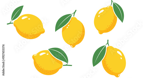 Group of five ripe yellow lemons with green leaves scattered across a white background in a soft digital illustration style.
