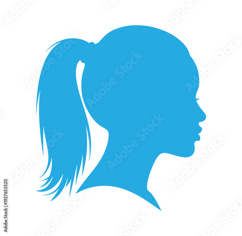 blue silhouette of a woman with a ponytail on white background
