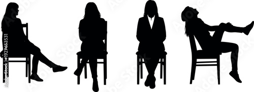 Black silhouette set of a woman sitting in various poses on a chair including side view front view and relaxed