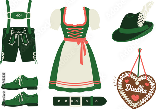 Traditional Bavarian Oktoberfest costume set with dirndl lederhosen alpine hat gingerbread heart and accessories flat vector illustration