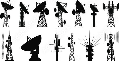 A collection of various communication towers and satellite dishes in black silhouette on transparent background high quality professional detailed modern elegant
