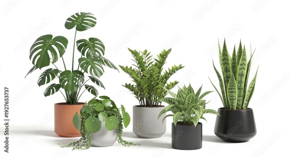 Obraz premium A collection of various houseplants sits on a white surface. A large Monstera deliciosa plant is on the left, accompanied by a Zamioculcas zamiifolia, a Sansevieria, a Peperomia, and a Yucca.