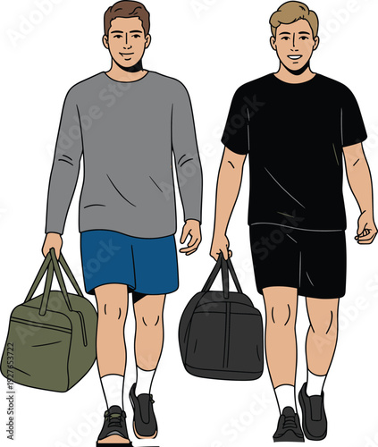 Two young men walking to the gym carrying sports duffel bags in a simple flat vector line art style illustration.