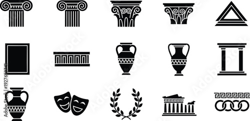 Collection of ancient greek architectural and cultural icons in black silhouette style.