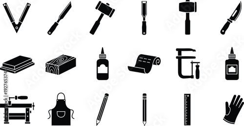 Collection of black and white icons representing various woodworking and carpentry tools and supplies.