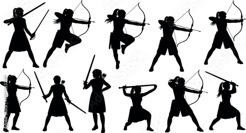 Black Silhouette Set of Female Warrior Poses Including Archer with Bow and Arrow plus Knight with Sword in Action Stance