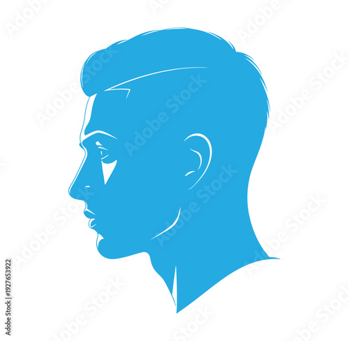 blue silhouette of a young man with short hair looking to the left side profile