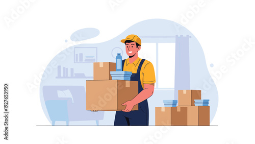 Cheerful delivery person in a uniform and cap carries a large stack of cardboard boxes and food containers inside a home.