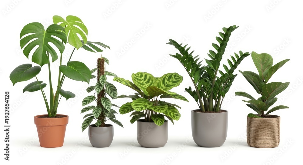 Fototapeta premium Five potted plants are arranged in a row against a white background. The plants include a Monstera deliciosa, a Calathea, a Zamioculcas zamiifolia, a Philodendron, and a Ficus.
