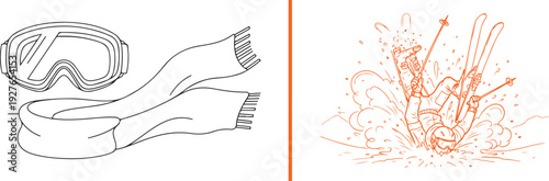 Minimalist line art featuring a pair of ski goggles and a scarf, paired with an orange-outlined illustration of a skier experiencing a dramatic wipeout in the snow.