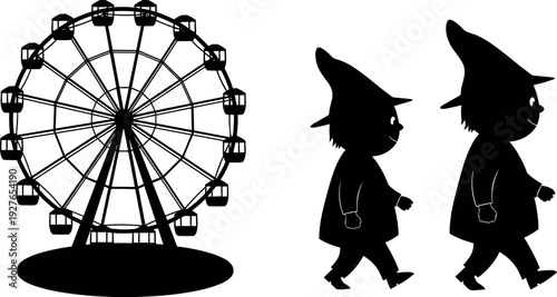 Black Silhouette Vector of a Carnival Ferris Wheel and Two Whimsical Fairytale Gnome Characters Walking Together in a Funfair Park