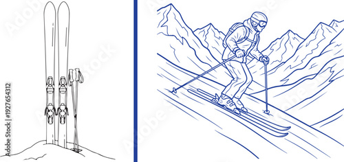 A blue line-art vector showcasing a pair of skis and poles planted in snow, paired with an action illustration of a skier navigating a steep mountain slope.