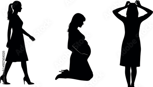Black silhouettes of a pregnant woman kneeling and standing in different poses for maternity health care and motherhood concept design