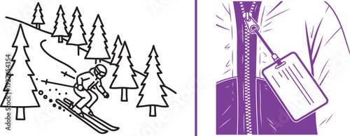Minimalist line art of a skier navigating a tree-lined slope, paired with a purple-inked detail of a ski jacket zipper and attached lift pass tag.