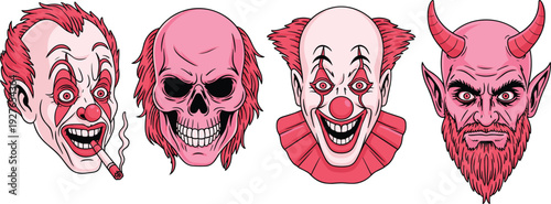 Vintage horror collection featuring smoking evil clown creepy long haired pink skull laughing circus clown and bearded red hscotVintage horror collectil clown creepy long 