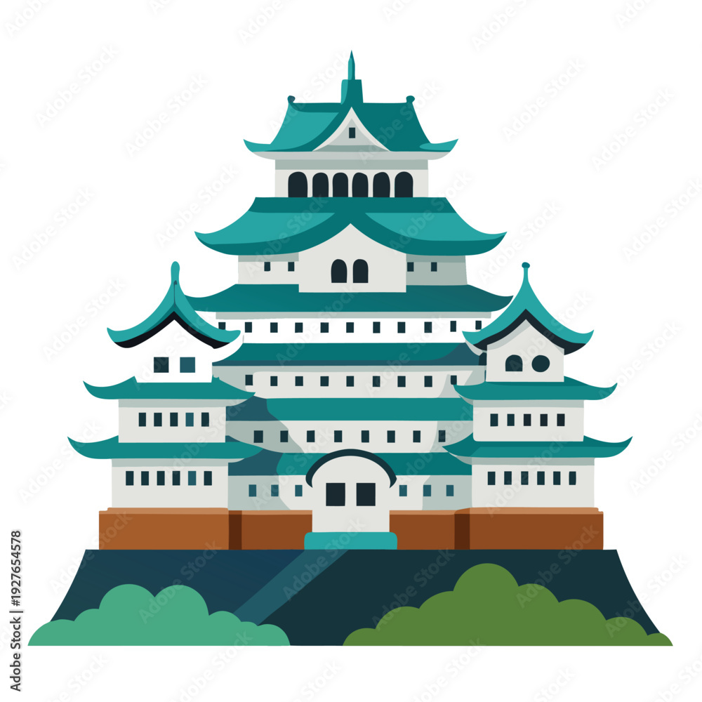 Fototapeta premium Traditional Japanese castle vector illustration with multiple elegant tiers and distinctive teal roofs