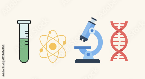 Vibrant flat design science icons collection for research and education, featuring test tube, atom, microscope, and DNA