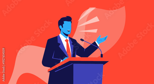 Man in Suit Giving a Speech at a Podium with a Flag in the Background