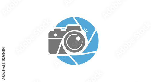 Modern photography logo with abstract camera, lens, and flash design within a dynamic circle emblem