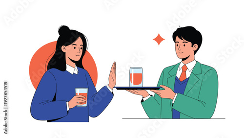 Woman politely refuses a glass of orange juice offered on a tray by a male waiter in a professional setting.