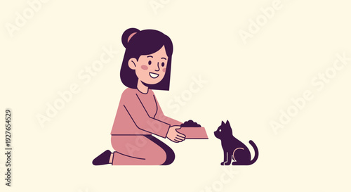 Smiling Woman Kneeling to Feed Her Beloved Black Cat, Showcasing Daily Pet Care and Affection
