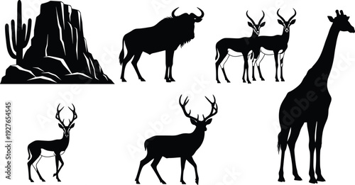 Wildlife animal silhouettes in desert landscape with giraffe, antelope, deer, wildebeest and cactus rock scene vector illustration