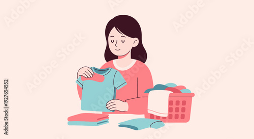 Woman folding laundry with a basket and clean clothes, symbolizing domestic chores and tidiness